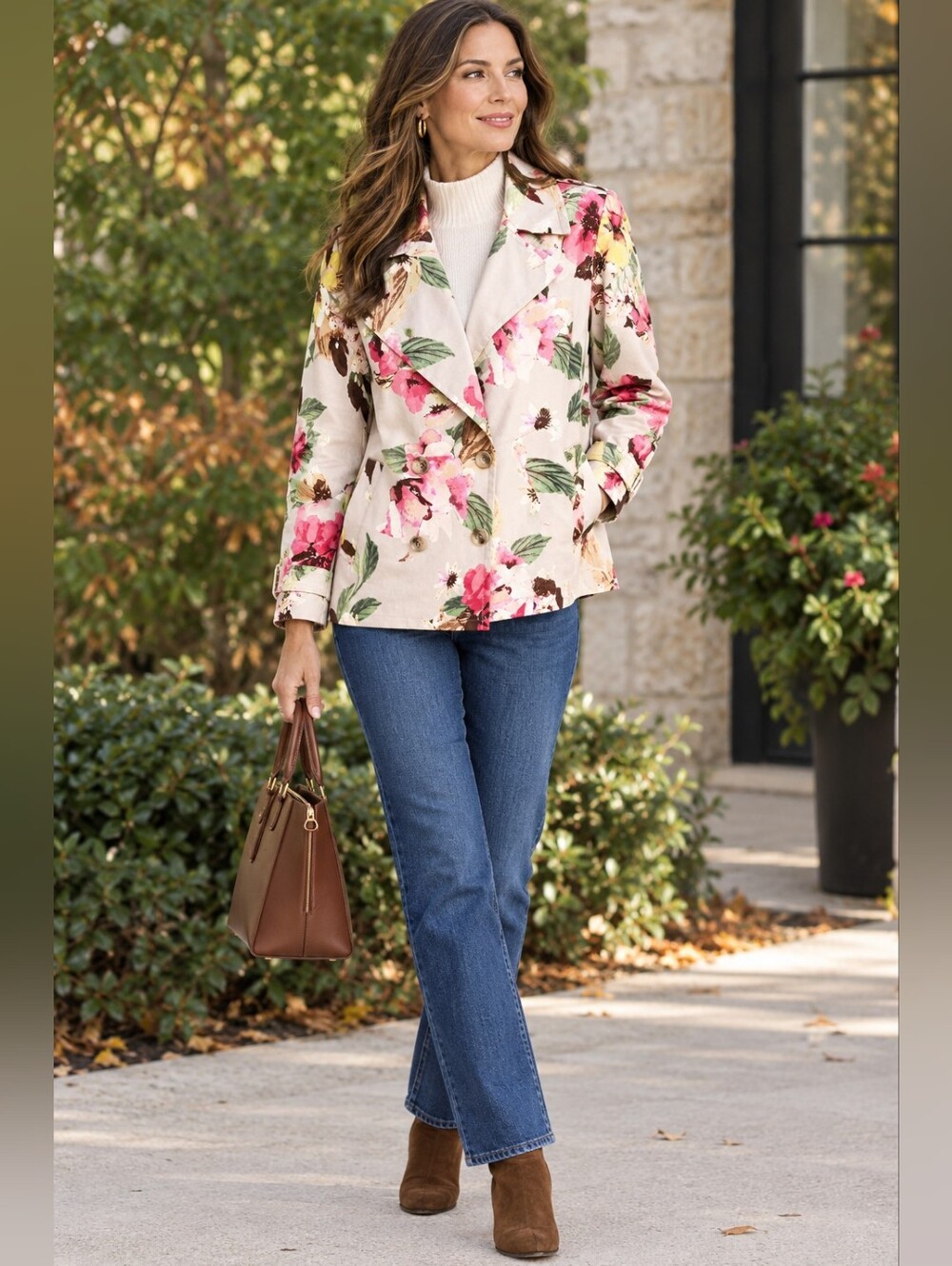Chico's Cotton-Stretch Floral Trench Coat Double-Breasted Blazer